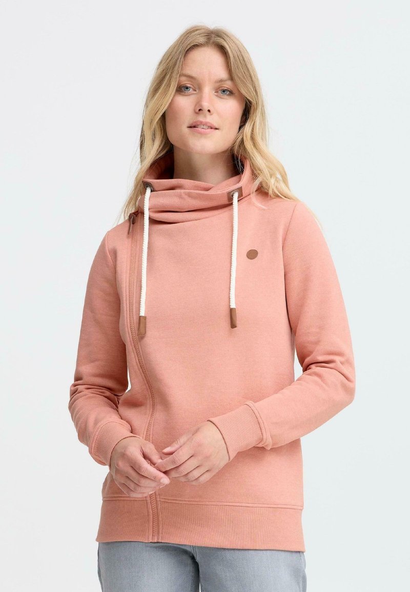 Ružičasti hoodie od mješavine pamuka s cowl vratom, dekorativnim vezicama, bočnim patentnim zatvaračem i rebrastim manžetama. Ima mali logo na prsima.