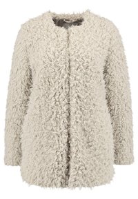 Manteau pour femme crème, à manches longues, avec une texture duveteuse, un col rond et sans boutons ni fermetures éclair visibles.