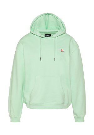 Hellgrüner Kapuzenpullover mit Fronttasche und kleinem, weißem und rotem, aufgesticktem "Schott NYC"-Logo auf der Brust.