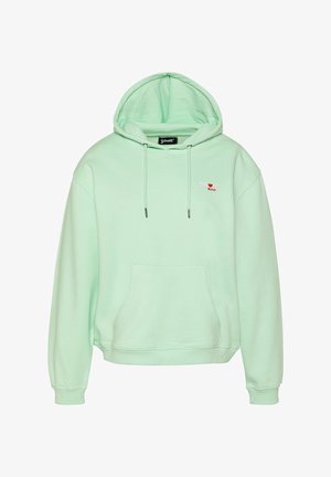 Jasnozielona bluza z kapturem, z przednią kieszenią i małym, haftowanym logo "Schott NYC" w kolorze białym i czerwonym na piersi.