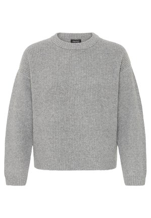 Grå strikket trøje med rund halsudskæring og lange ærmer. Har en ribbet tekstur og en løs pasform, uden synlige mønstre eller accenter.