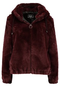 Burgundowa kurtka z futra syntetycznego z zamkiem z przodu, regulowanym kapturem na sznurku oraz elastycznymi mankietami i dołem dla lepszego dopasowania. Teksturowane, miękkie wykończenie.