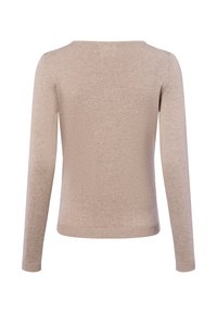 Beżowy sweter z długim rękawem i okrągłym dekoltem. Miękka tkanina i ściągacze, które podkreślają gładką strukturę i dopasowany krój.