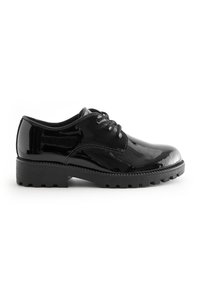 Chaussure oxford en cuir verni noir avec un bout arrondi, un laçage à l'avant et une semelle en caoutchouc noir robuste présentant un motif de relief.