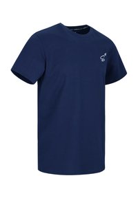 Marineblauw katoenen t-shirt met korte mouwen, ronde halslijn en een klein wit logo op de borst. Glad textuur, normale pasvorm.