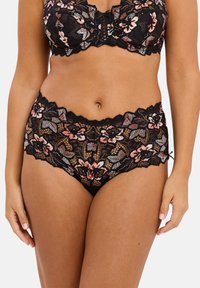 Bralette in pizzo nero e mutande a vita alta con ricami floreali in rosa e bianco. Presenta bordi scallopati e una texture in pizzo dettagliata.