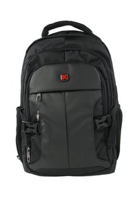 Zwarte rugzak van duurzame stof, voorzien van meerdere met rits afgesloten vakken, verstelbare banden en een herkenbaar logo aan de voorkant.