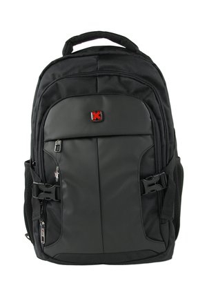 Sac à dos noir en tissu résistant, doté de plusieurs compartiments zippés, de bretelles réglables et d'un logo reconnaissable sur le devant.