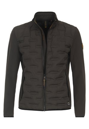 Dark grey, quilted jacket with a high collar, zip closure, side pockets, and logo patch on the sleeve. Smooth texture, modern design.