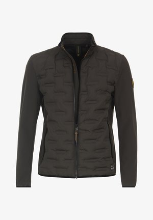 Dark grey, quilted jacket with a high collar, zip closure, side pockets, and logo patch on the sleeve. Smooth texture, modern design.