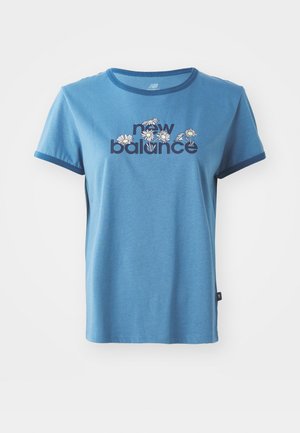 Blue cotton t-shirt with short sleeves, navy trim, featuring "new balance" text and floral designs in white and yellow on the front.