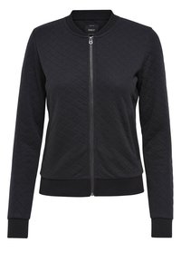 Veste bomber matelassée noire avec fermeture éclair à l'avant, col et poignets côtelés, et motif géométrique texturé. Design décontracté, idéal pour superposer.