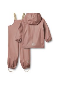 Pink vandtæt jakke og overall sæt, med elastiske manchetter, hætte og justerbare stropper, designet med en glat tekstur og minimal branding.