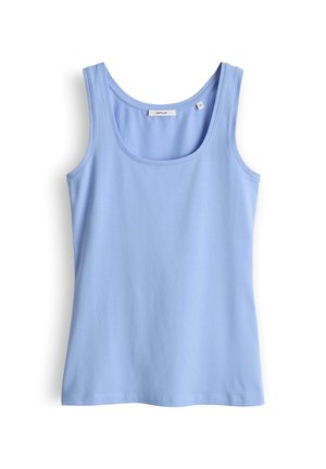 Lichtblauw mouwloos tanktopje gemaakt van zachte stof, met een ronde halslijn en een rechte zoom. Geen patronen of accenten zichtbaar.