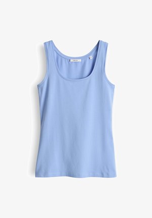 Lichtblauw mouwloos tanktopje gemaakt van zachte stof, met een ronde halslijn en een rechte zoom. Geen patronen of accenten zichtbaar.
