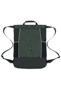 Borsa tote rettangolare in tessuto verde scuro e nero, con spallacci regolabili, una maniglia superiore, due tasche con zip e dettagli riflettenti.