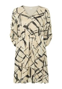 Robe beige avec imprimé abstrait noir, texture plissée, décolleté en V et manches bouffantes ; taille cintrée avec une jupe fluide.