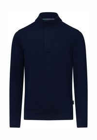Marineblauwe pullover met een hoge kraag, lange mouwen, geribbelde boorden en zoom, gemaakt van een zachte, gestructureerde stof. Voorzien van een knoopsluiting aan de voorkant.