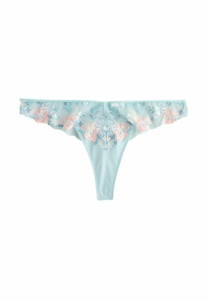 Himmelblauer Spitzenstring mit floralem Stickerei in Weiß und Pfirsich, ausgestattet mit einem zarten Rüschensaum und durchgehend durchsichtigem Material.