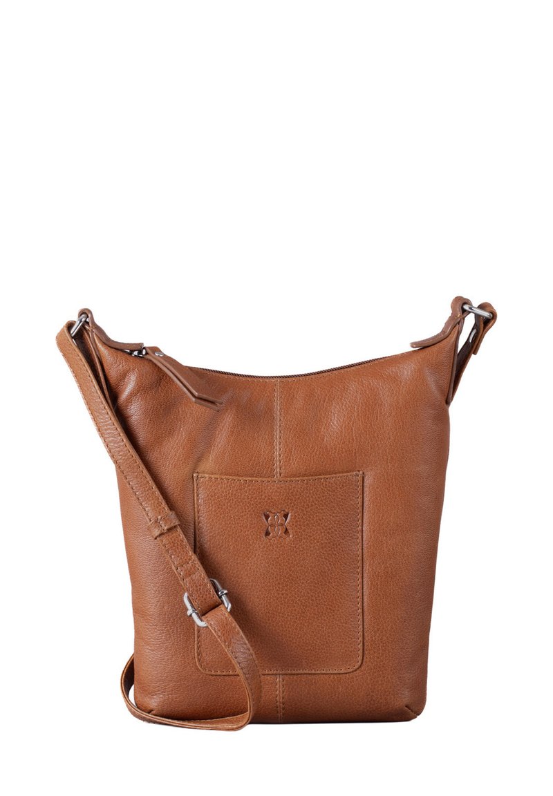 Brown leather crossbody bag with a textured surface, featuring a front pocket, adjustable strap, and zipper closure.