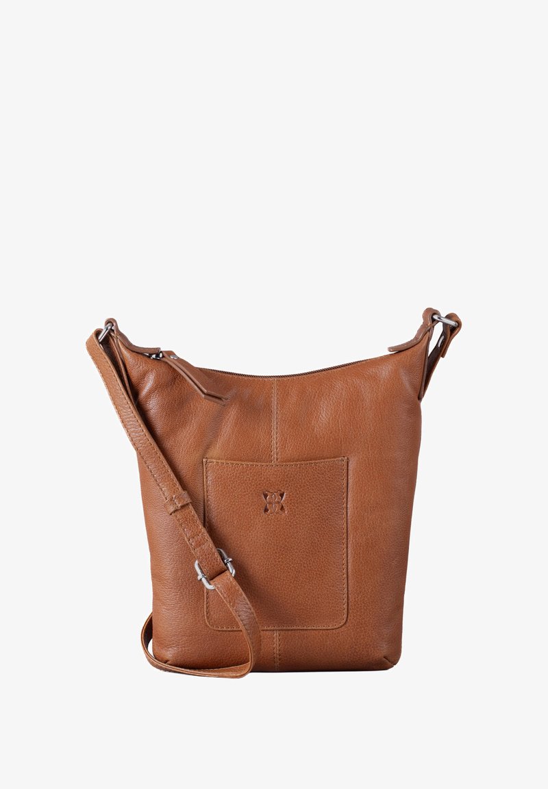 Brown leather crossbody bag with a textured surface, featuring a front pocket, adjustable strap, and zipper closure.