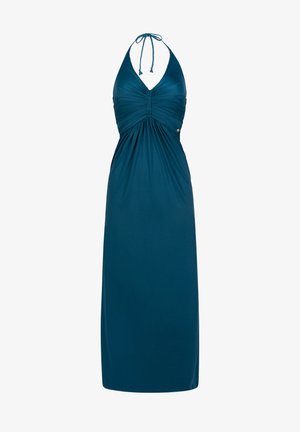 Tirkizna maksi haljina s halter izrezom, naboranim tijelom i lepršavom suknjom. Izrađena od mekog materijala s glatkom teksturom i minimalnim detaljima.