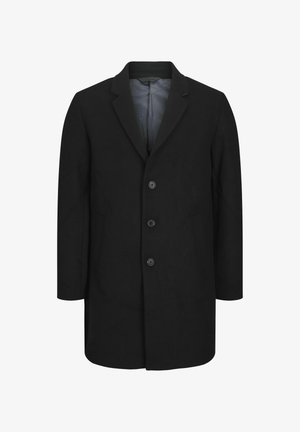 Manteau noir au design ajusté, avec un col cranté, fermeture à cinq boutons à l'avant et deux poches avant. Texture de tissu lisse.