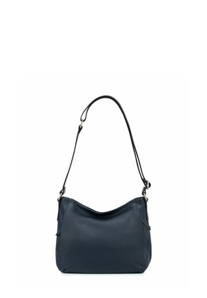 Navyfarbene Leder-Schultertasche mit strukturiertem Oberflächen, gewölbtem Rand und verstellbarem Riemen. Verfügt über eine Seitentasche mit kontrastierender Naht.