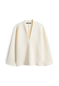 Weiße offene Jacke mit strukturiertem, geripptem Design, langen Ärmeln und glatter Oberfläche. Minimalistischer Stil ohne Verzierungen.