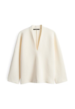 Giacca bianca aperta davanti con un design strutturato a coste, dotata di maniche lunghe e una finitura liscia. Stile minimalista senza decorazioni.