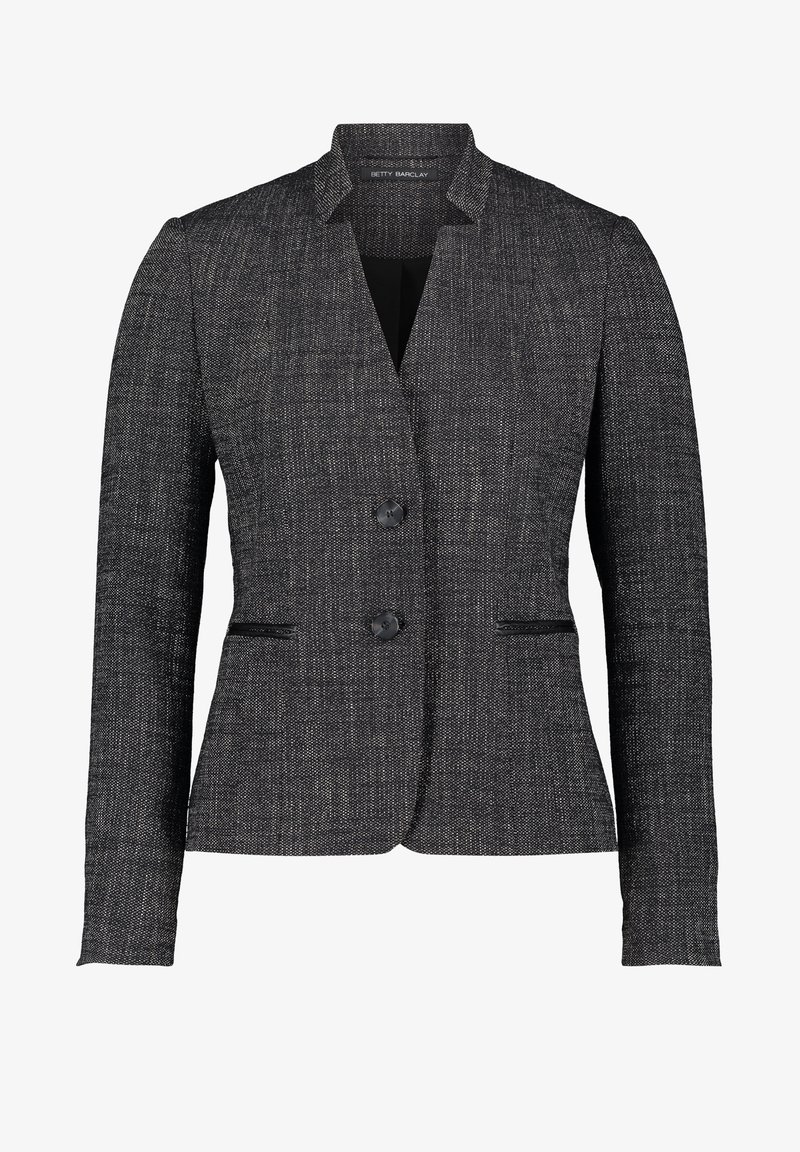 Blazer texturé gris pour femme avec deux boutons devant, petit col cranté, manches longues et deux poches horizontales fendues.