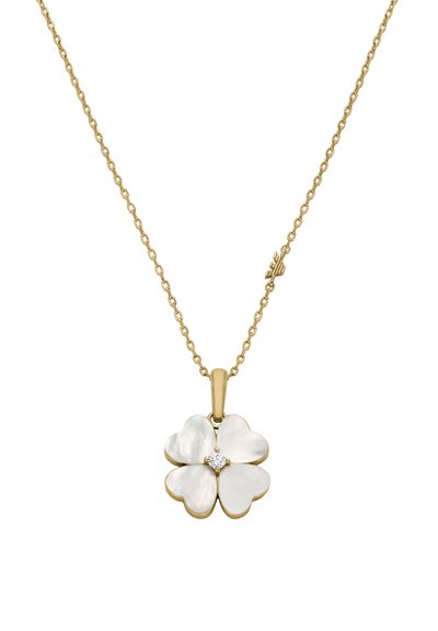 Guldhalskæde med en firkløver vedhæng i perlemor og en central diamant. Kædeleddene er runde og jævnt fordelt.