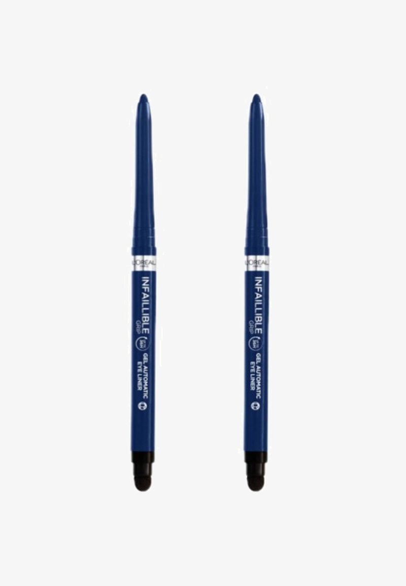 Eye-liners automatiques en gel bleu avec un design à tourner, dotés d'une prise douce et d'un embout estompeur à une extrémité pour une application facile.