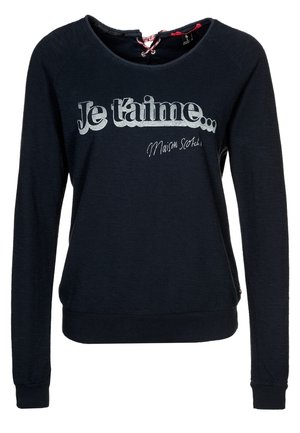 Marineblauwe sweatshirt met lange mouwen met de tekst "Je t'aime Maison Scotch" in het wit op de voorkant en een veterdetail bij de kraag.