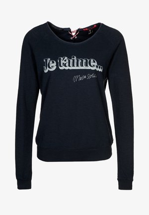 Marineblauwe sweatshirt met lange mouwen met de tekst "Je t'aime Maison Scotch" in het wit op de voorkant en een veterdetail bij de kraag.