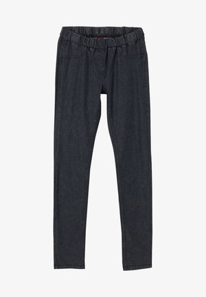 Schwarze Skinny-Hose mit elastischem Bund, Vordertaschen und Nahtdetails, für eine enganliegende Passform entworfen.