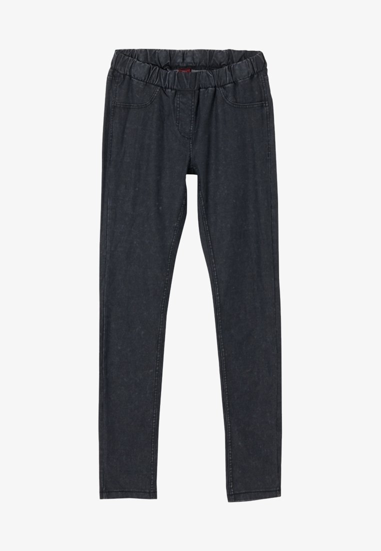Pantalon skinny noir avec taille élastique, poches avant et détails de couture, conçu pour une coupe ajustée.