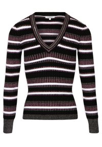 Pull rayé à col en V en noir, blanc et nuances de violet. Caractérisé par une texture côtelée et une coupe ajustée, avec des manches longues et un léger scintillement.