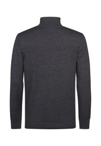 Suéter de pullover gris oscuro con un cuello alto y mangas largas, hecho de un suave tejido de punto, con un diseño de espalda limpio y sin costuras.