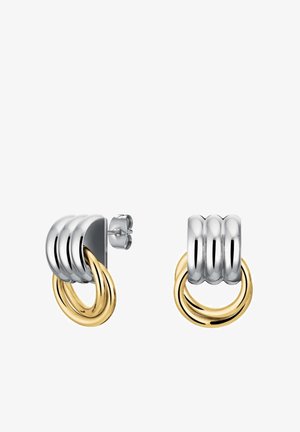 Silber- und Goldohrringe mit einem Triple-Band-Design und einem kreisförmigen Hoops-Akzent. Hohe Glattheit mit polierter Oberfläche.