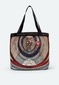 Borsa in tela con un design grafico circolare nei toni del rosso, blu e beige; presenta manici neri e il marchio Gattinoni.