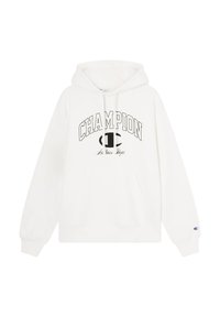 Felpa bianca con cappuccio caratterizzata da un logo nero "Champion" e il testo "Athletics Dept." Include una tasca frontale e un cappuccio con cordini. Tessuto morbido e felpato.