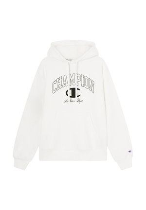 Sudadera blanca con un logo negro de "Champion" y el texto "Athletics Dept." Incluye un bolsillo frontal y capucha con cordón. Textura suave de forro polar.