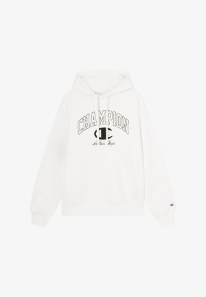 White hoodie featuring a black "Champion" logo and "Athletics Dept." text. Includes a front pocket and drawstring hood. Soft, fleece texture.