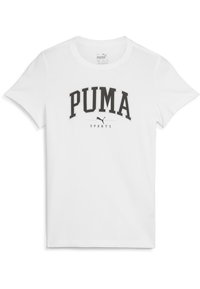 Camiseta de algodón blanca con texto negro "PUMA SPORTS". Presenta un cuello redondo y mangas cortas con una textura suave. Diseño simple.