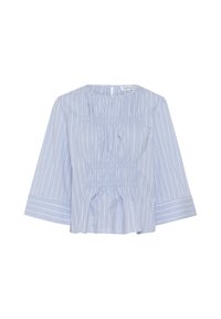 Blusa a righe blu chiaro con scollatura arricciata, maniche a tre quarti e vestibilità svasata. Realizzata in un tessuto morbido con una leggera struttura.