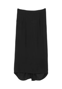 Jupe midi noire avec un ourlet légèrement asymétrique et des plis subtils sur le devant, présentée sur un fond blanc.