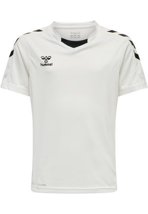 Maillot de sport blanc à manches courtes avec un col en V, présentant des accents noirs aux épaules et un logo sur la poitrine. Matériau doux et respirant.