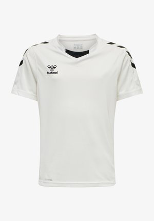 Weißes, kurzärmliges Sporttrikot mit V-Ausschnitt, das schwarze Schulterakzente und ein Logo auf der Brust hat. Aus weichem, atmungsaktivem Material.