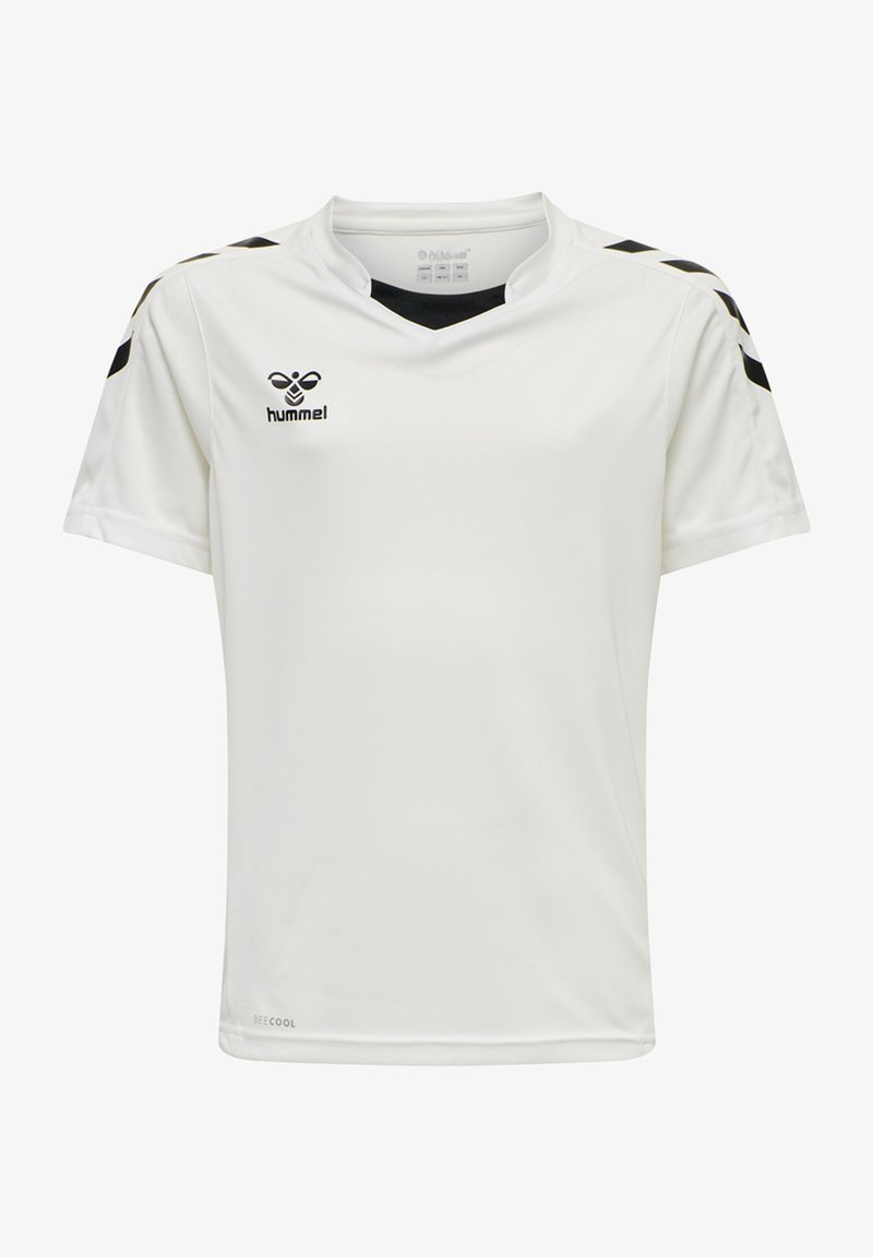 Hvid kortærmet sportsjersey med v-hals, præget af sorte skulderkantal og et logo på brystet. Blødt, åndbart materiale.